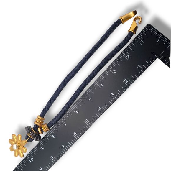 Pulcinno Black Corded Collar Necklace Matte Brushed Gold Tone Flower Pendant - Picture 7 of 11